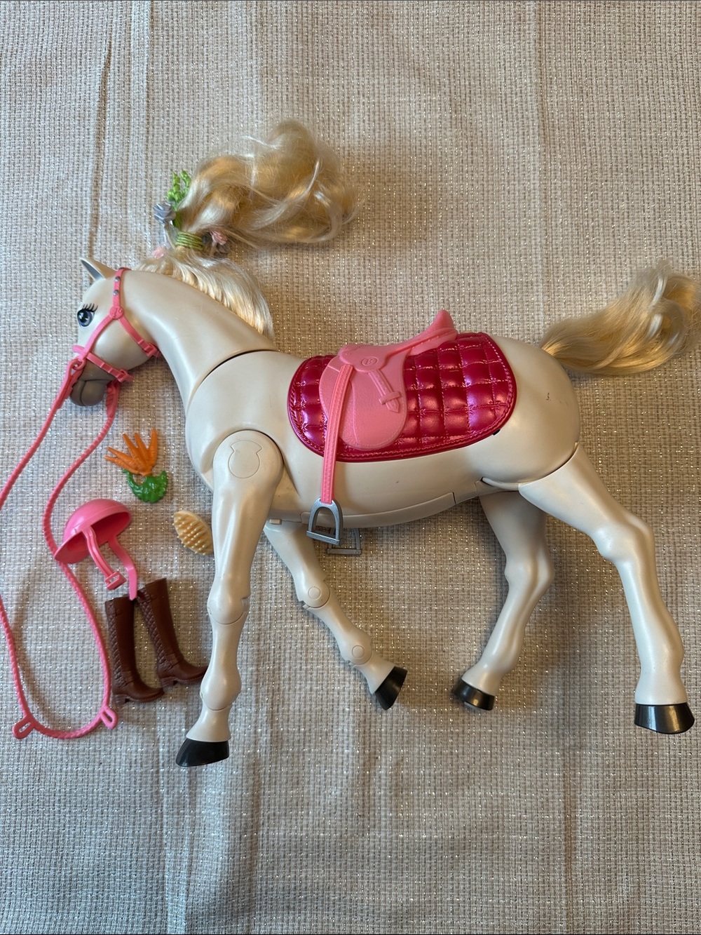 Mattel White Horse Toy with Hot Pink Saddle and Blonde Mane